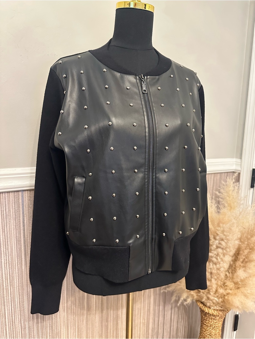 Sioni Black Faux Leather Studded Moto Bomber Jacket Cardigan Large